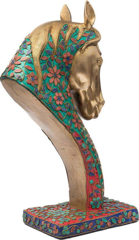 Brass Royal Horse Head Figurine on Stand | Brass Statue with Inlay Work