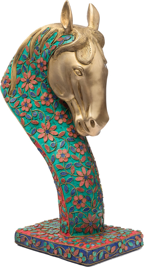 Brass Royal Horse Head Figurine on Stand | Brass Statue with Inlay Work