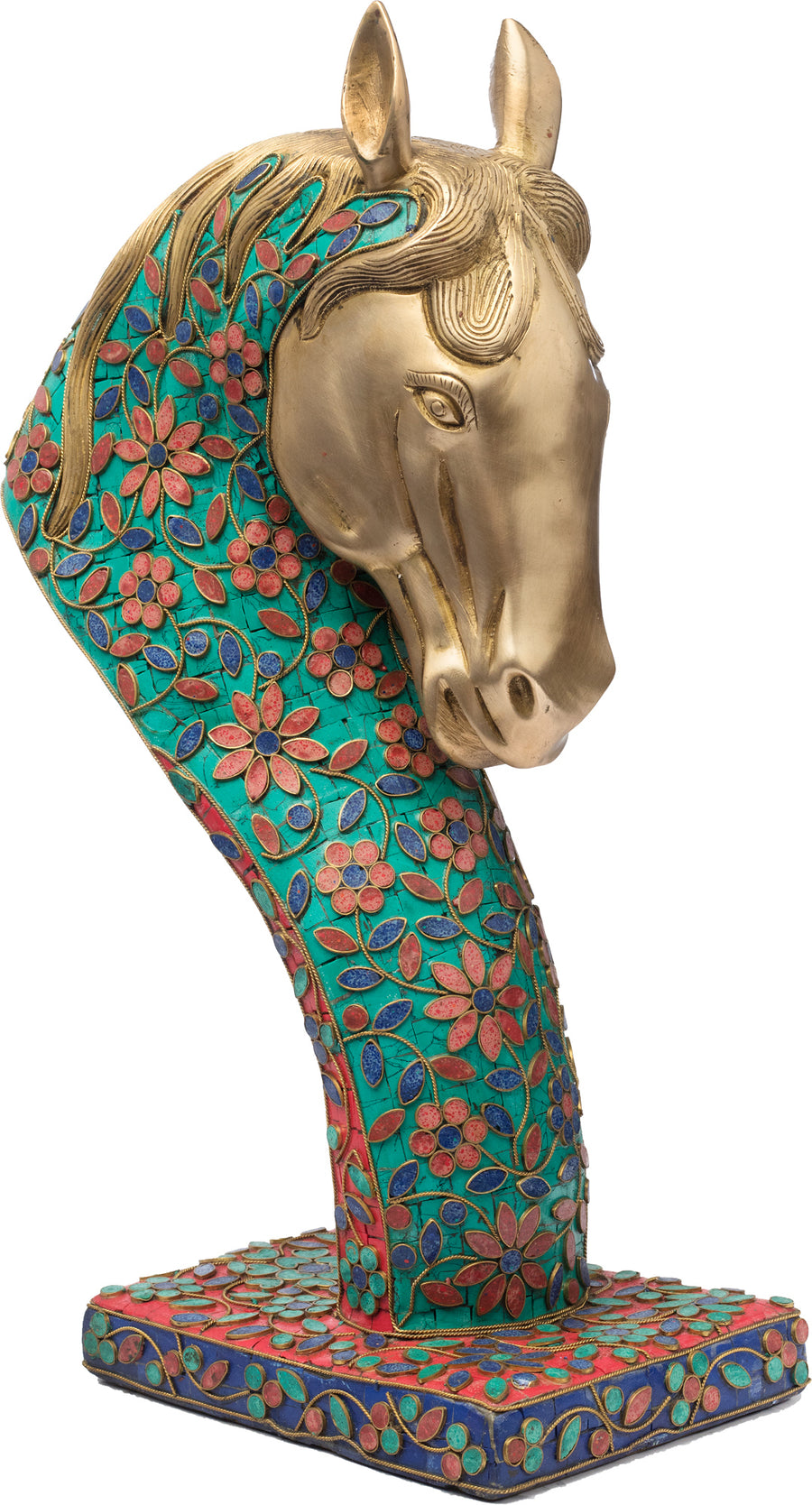 Brass Royal Horse Head Statue with Inlay Work on Stand