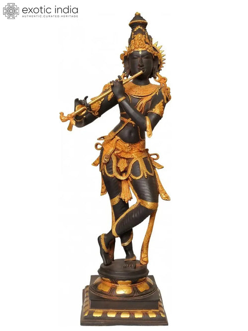 34" Large Handmade Lord Krishna Brass Statue Playing Flute