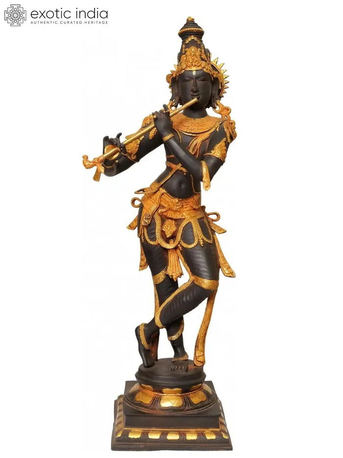 34" Large Handmade Lord Krishna Brass Statue Playing Flute