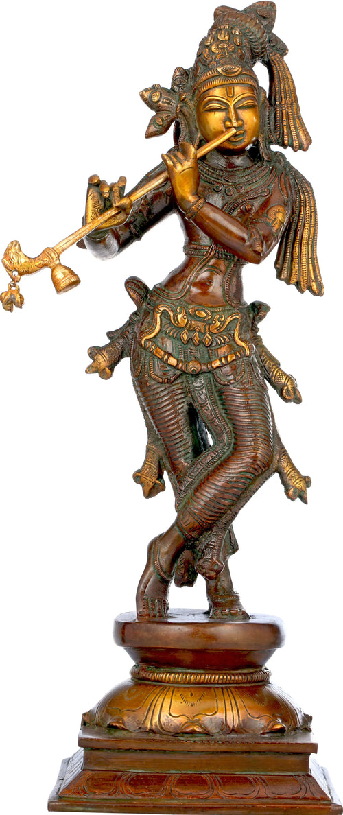 14" Brass Standing Lord Krishna Statue Playing Flute for Pooja