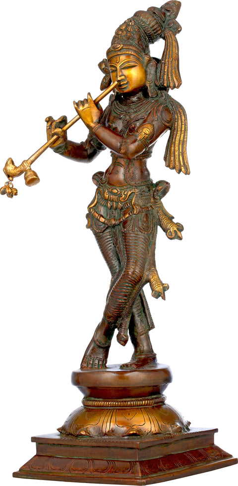 14" Brass Standing Lord Krishna Statue Playing Flute