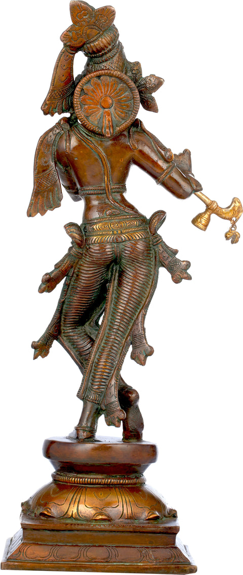 14" Brass Standing Lord Krishna Statue Playing Flute