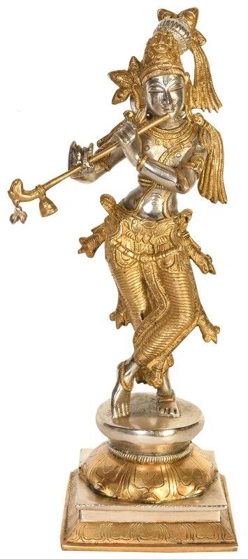 14" Brass Standing Lord Krishna Statue Playing Flute