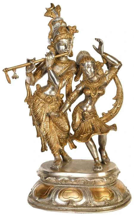 16" Radha and Krishna Engaged in Ecstatic Dance | Handmade Brass Statue | Made In India