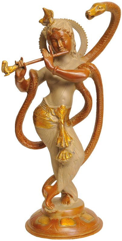 15" Shri Krishna and Kaliya Brass Statue – Divine Triumph Over Evil | Handmade in India