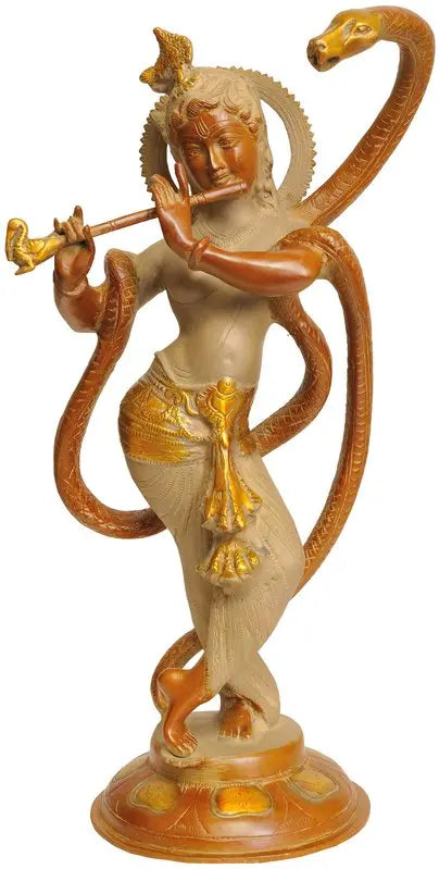 15" Krishna and Kaliya Brass Statue Handmade Divine Sculpture