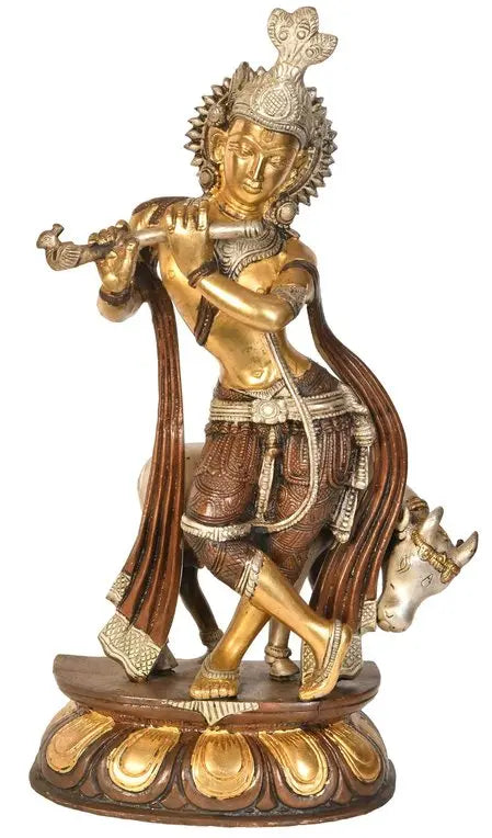 13" Handmade Brass Krishna Sculpture with Cow