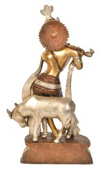 13" Brass Krishna Sculpture with Cow | Handmade | Made in India