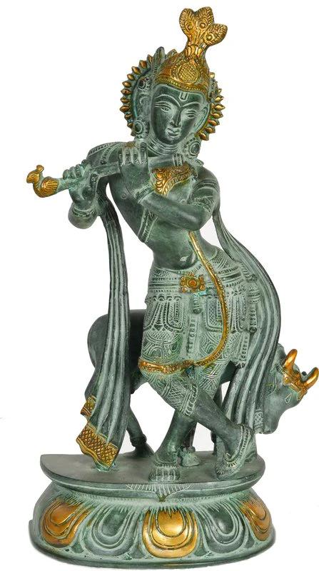 13" Brass Krishna Sculpture with Cow | Handmade | Made in India