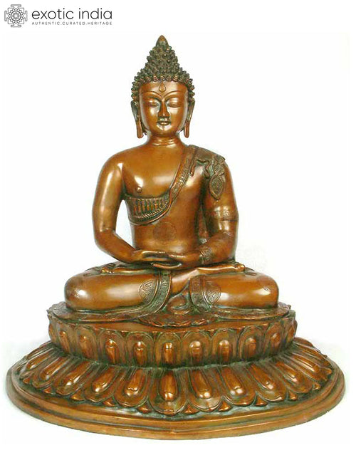 21" Buddha Meditating on Lotus Brass Statue Handmade