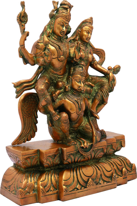 12" Garuda Carrying Vishnu & Lakshmi – Majestic Brass Sculpture of Divine Grace | Handmade in India