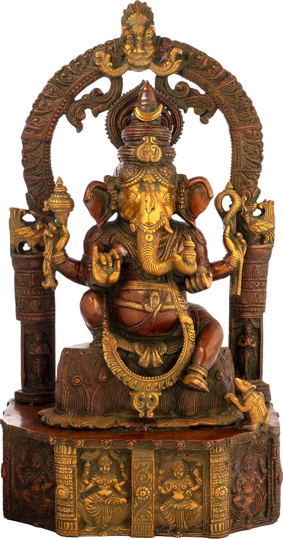20" Lord Ganesha Seated on Lotus Base Brass Statue Handmade