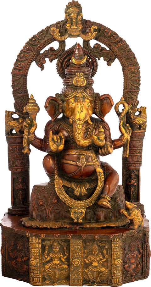 20" Lord Ganesha Seated on Lotus Base Carved with Hindu Deities In Brass | Handmade | Made In India