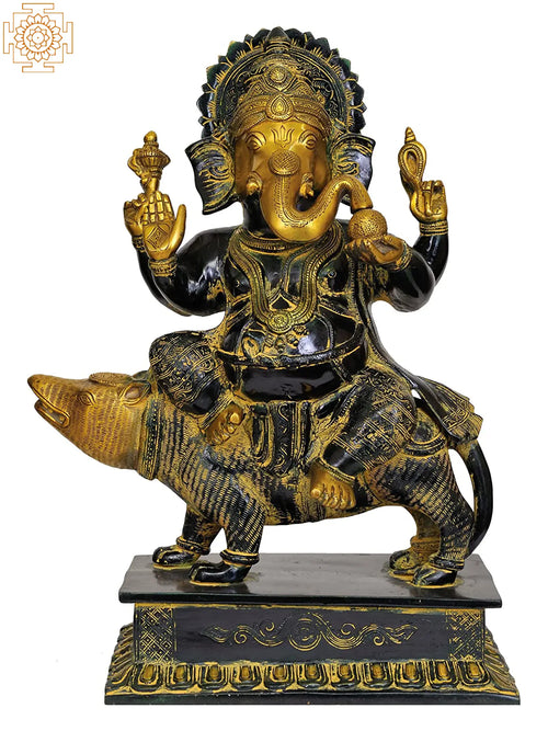 16" Lord Ganesha Seated on Rat Brass Statue Handmade