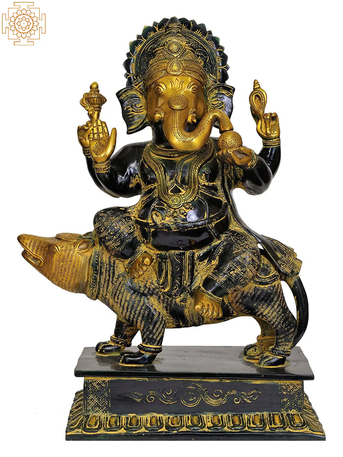 16" Lord Ganesha Seated on Rat Brass Statue Handmade