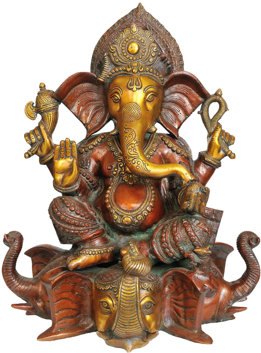 16" Handmade Lord Ganesha Brass Idol on Elephant Throne