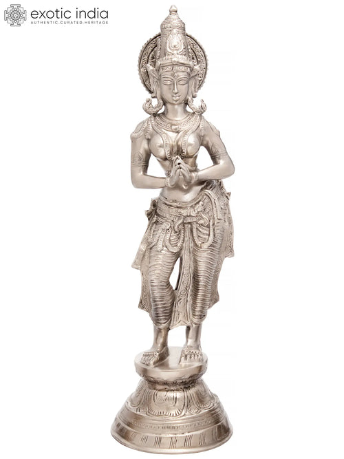 28" Handmade Namaste Lady Brass Statue with Anjali Mudra