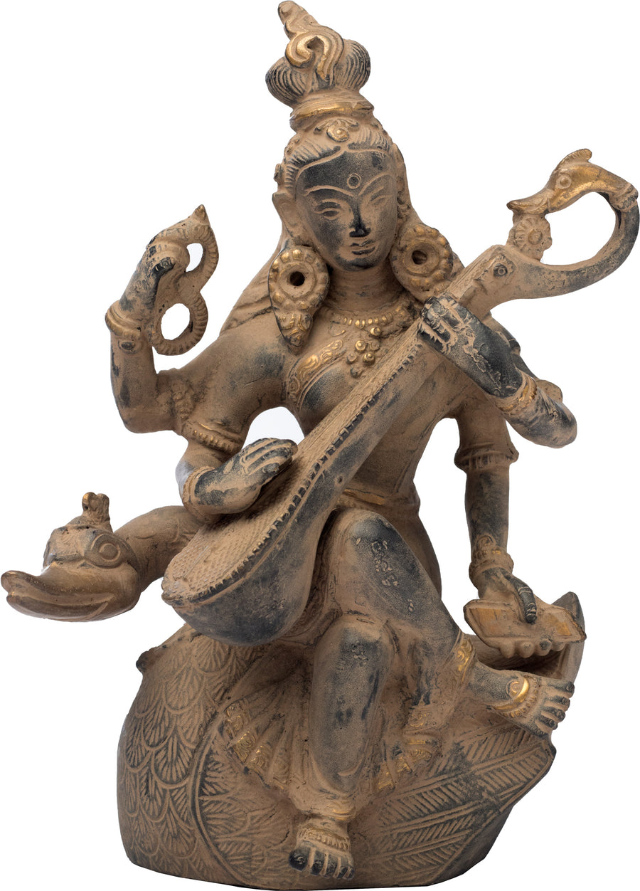 7" Handmade Goddess Saraswati Playing Veena Brass Statue