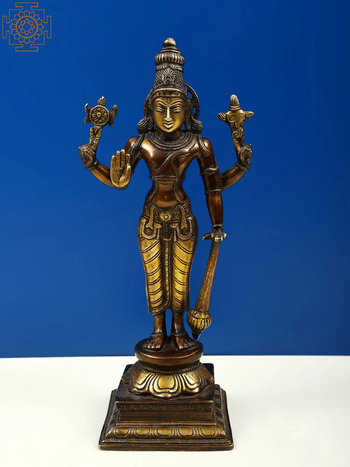 11" Lord Chaturbhuj Vishnu Handmade Brass Statue with Pedestal
