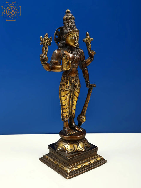 11" Lord Chaturbhuj Vishnu Brass Statue Standing on Pedestal