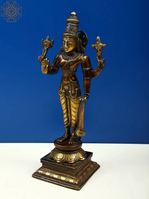 11" Lord Chaturbhuj Vishnu Brass Statue Standing on Pedestal