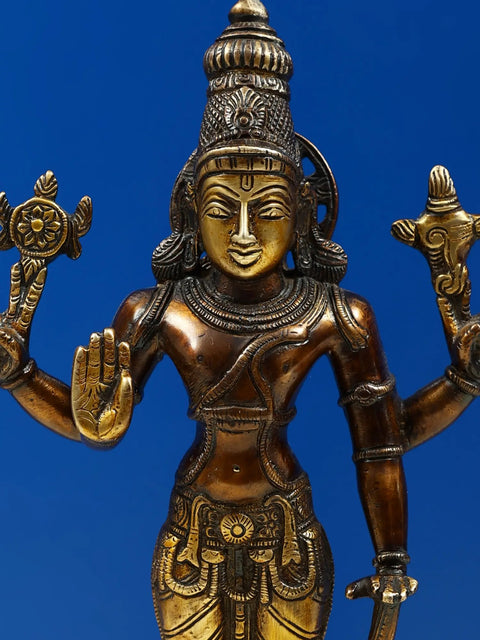11" Lord Chaturbhuj Vishnu Brass Statue Standing on Pedestal