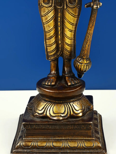 11" Lord Chaturbhuj Vishnu Brass Statue Standing on Pedestal