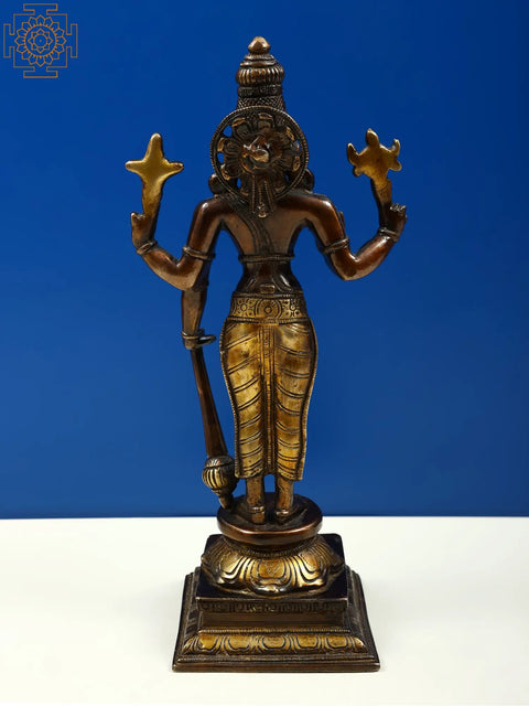 11" Lord Chaturbhuj Vishnu Brass Statue Standing on Pedestal