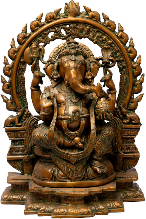 17" Ganesha On A Lotus Throne, His Aureole Composed Of Marching Mice In Brass | Handmade | Made In India