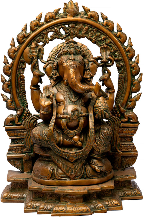 17" Brass Ganesha on Lotus Throne Handmade Statue