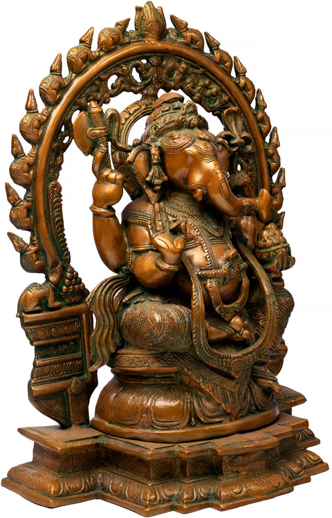 17" Ganesha On A Lotus Throne, His Aureole Composed Of Marching Mice In Brass | Handmade | Made In India