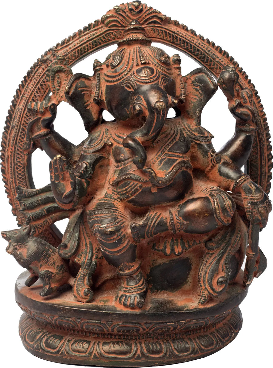 7" Seated Chaturbhuja Ganesha Brass Statue Handmade