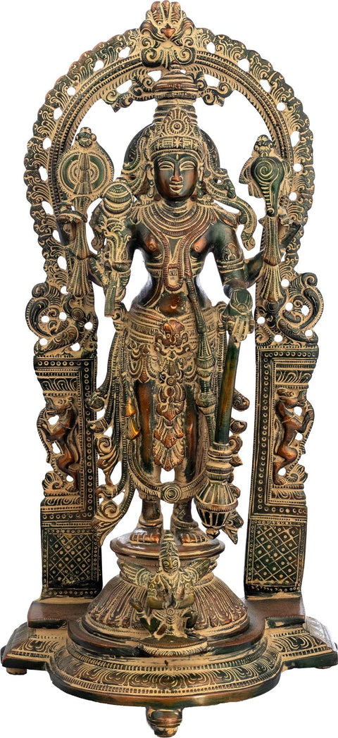 16" Vishnu-Lakshmi With Prabhavali And Elephant Diyas In Brass | Handmade | Made In India