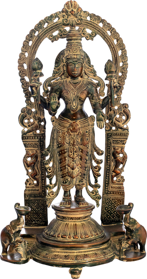 16" Vishnu-Lakshmi With Prabhavali And Elephant Diyas In Brass | Handmade | Made In India