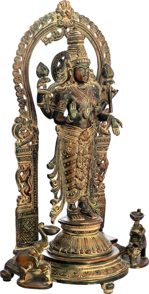 16" Vishnu-Lakshmi With Prabhavali And Elephant Diyas In Brass | Handmade | Made In India