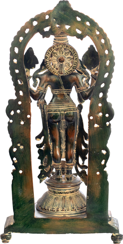 16" Vishnu-Lakshmi With Prabhavali And Elephant Diyas In Brass | Handmade | Made In India