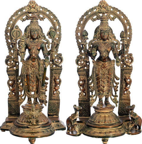 16" Vishnu-Lakshmi With Prabhavali And Elephant Diyas In Brass | Handmade | Made In India
