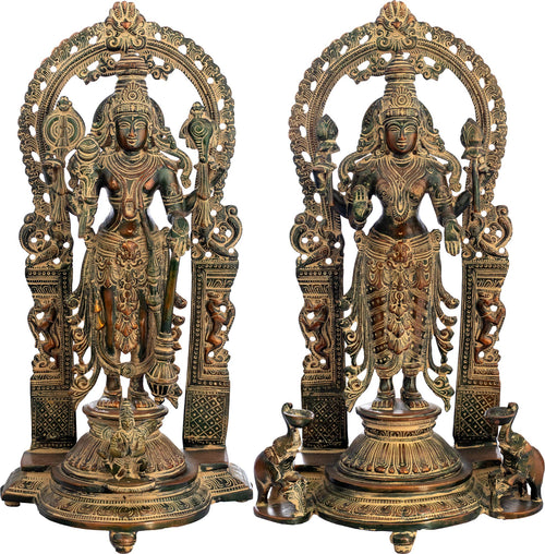 16" Vishnu-Lakshmi Brass Statue with Prabhavali and Elephant Diyas
