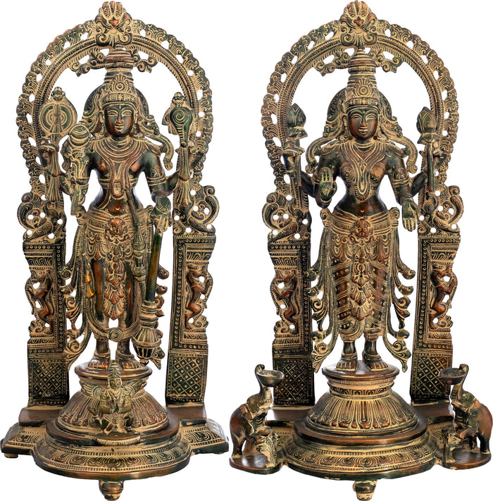 16" Vishnu-Lakshmi Brass Statue with Prabhavali and Elephant Diyas