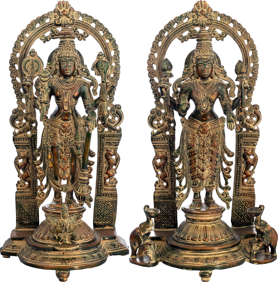 16" Vishnu-Lakshmi Brass Statue with Prabhavali and Elephant Diyas