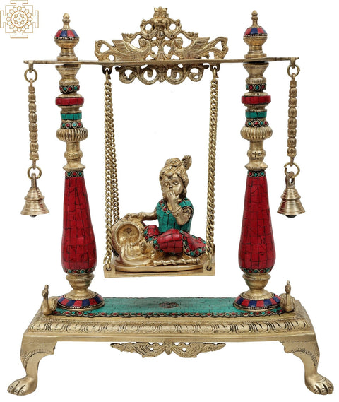 16" Butter Krishna Statue on a Swing | Handmade Brass Sculpture | Made in India