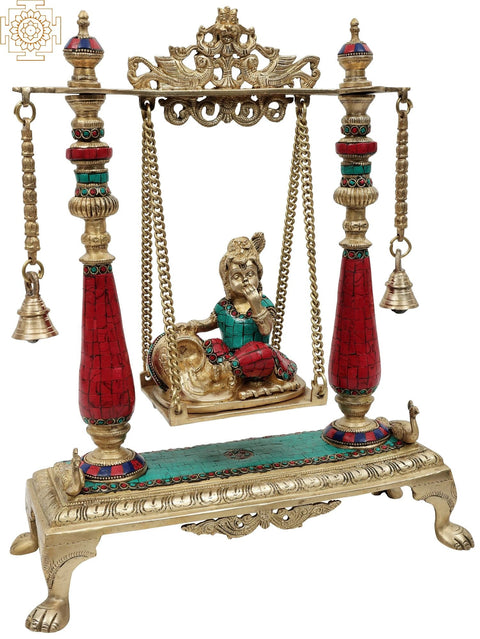 16" Butter Krishna Statue on a Swing | Handmade Brass Sculpture | Made in India