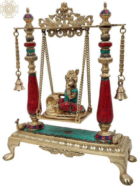 16" Butter Krishna Statue on a Swing | Handmade Brass Sculpture | Made in India