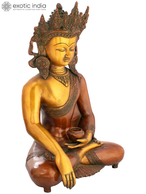 14" Buddha With The Elaborate Crown And Kundalas In Brass | Handmade | Made In India
