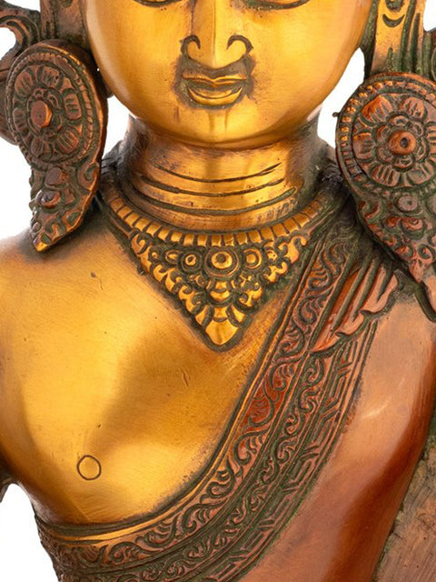 14" Buddha With The Elaborate Crown And Kundalas In Brass | Handmade | Made In India