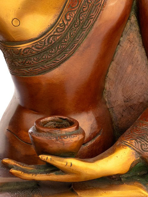 14" Buddha With The Elaborate Crown And Kundalas In Brass | Handmade | Made In India