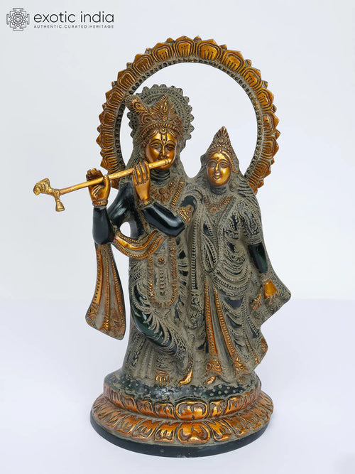 13" Handmade Brass Radha-Krishna Idol with Lotus Aureole