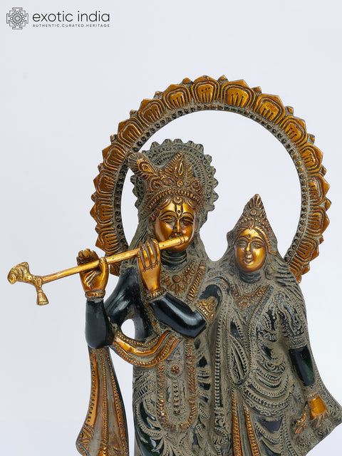13" Brass Radha-Krishna Idol with Their Lotus-studded Aureole | Handmade | Made in India